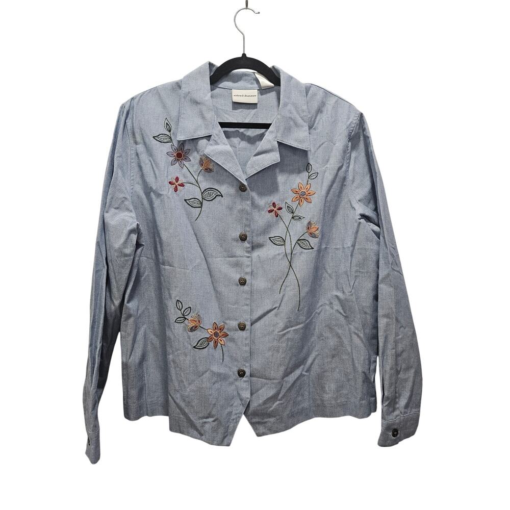 Alfred Dunner Embroidered Floral Button Front Shirt Blue Long Sleeve Women's 20